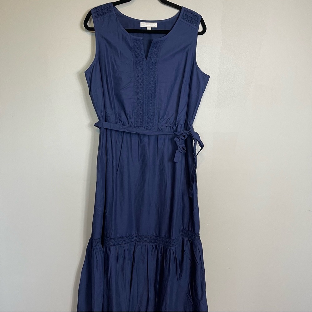 Woman Within Long Maxi Navy Blue Dress Size 14W Sleeveless Tie Waist Pullover